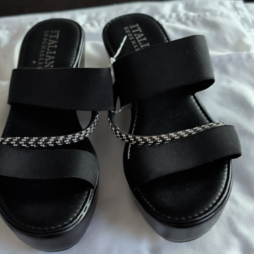 Italian Shoemakers Black Platform Slide Sandals with Sparkle Strap